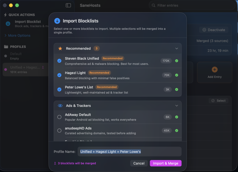 SaneHosts blocklist import - choose from curated lists like Steven Black, Hagezi, and Peter Lowe