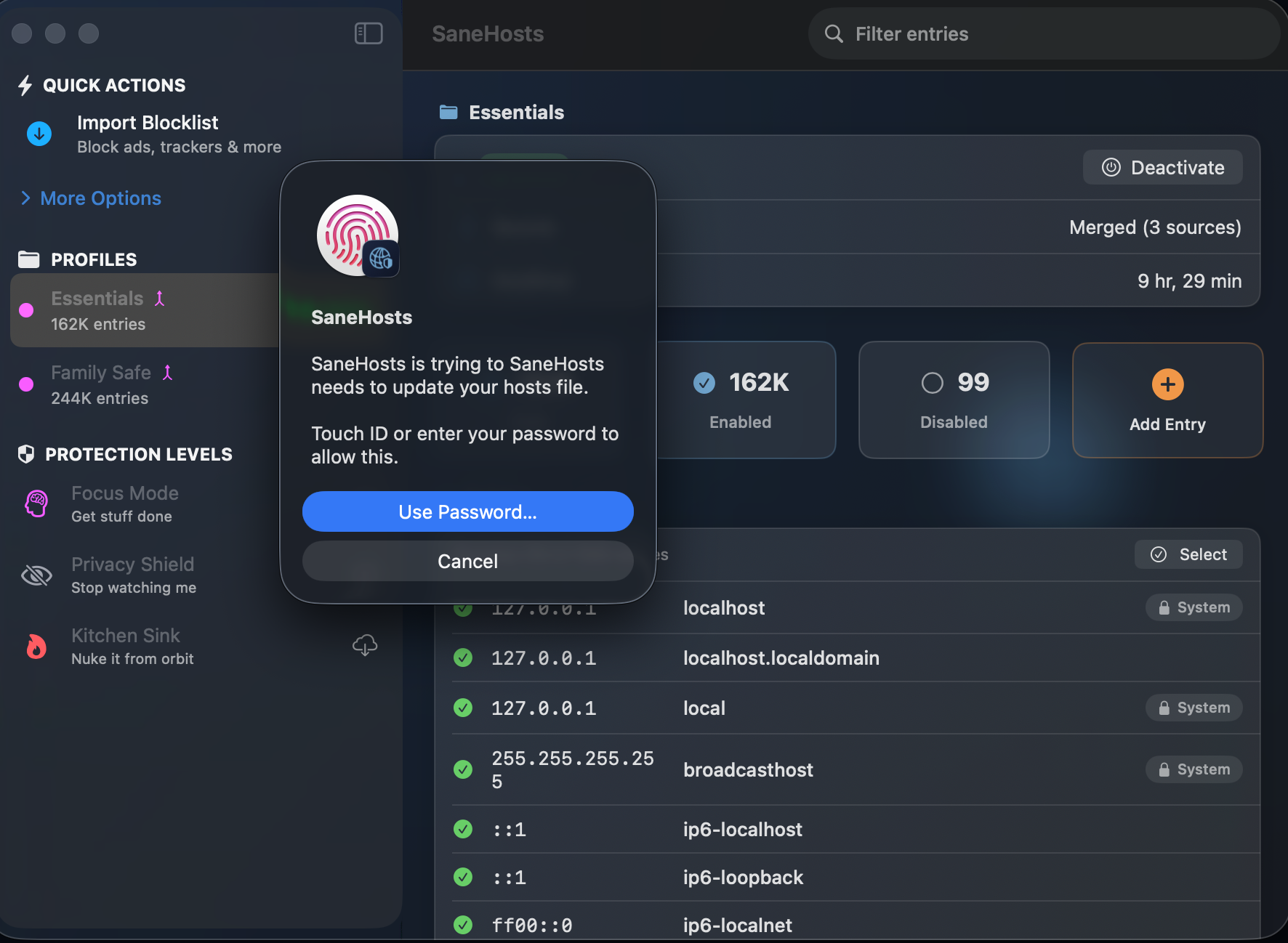 SaneHosts Touch ID - biometric protection for your network settings
